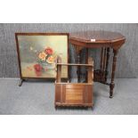 An Edwardian octagonal mahogany side table, fire screen and small wall cabinet.