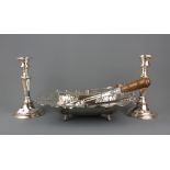 A pair of silver plated candlesticks, H.21cm , a silver plated tray, 30.5cm x 23cm. with two silver