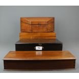 A wooden sewing box, an oak letter box and two further oak boxes, sewing box 31cm x 22cm x 11.5cm.