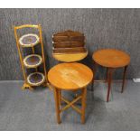 A group of five wooden items, letter rack, cake stand and three tables, tallest 81cm.