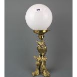 A gilt brass owl table lamp with glass shade, overall H. 40cm.