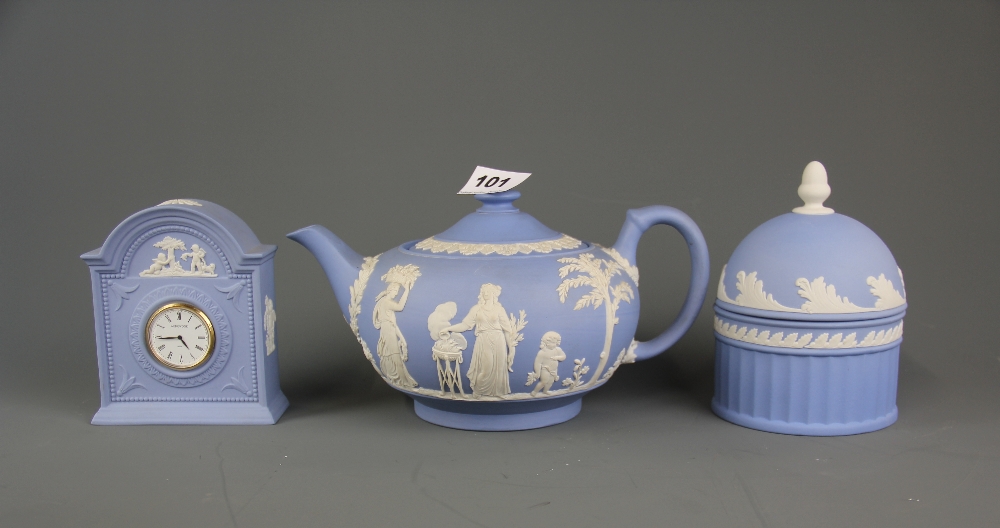 A Wedgwood teapot, and two further Wedgwood items, teapot L. 23cm.