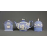 A Wedgwood teapot, and two further Wedgwood items, teapot L. 23cm.