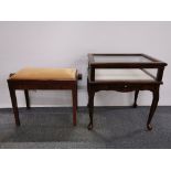 A contemporary mahogany bijouterie display case together with a piano stool, display case 57 x 44 x