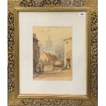 A framed 19th century watercolour of a village scene, 72 x 62cm.