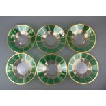 A set of six fine Bohemian green and clear cut glass dishes with gilt decoration, dia. 22cm.