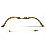 A Chinese bronze and fur handled bow and iron arrow with bronze tip and feather, bow L. 118cm.