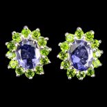 A pair of 925 silver earrings set with oval cut iolite surrounded by chrome diopsides, L. 1.5cm.