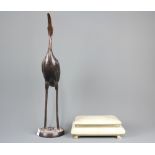 An oriental bronze figure of a crane, H. 41cm. together with an vintage onyx cigarette box.