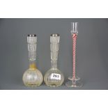 A pair of Victorian hallmarked silver topped glass vases together with a Latticinio glass