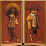 A pair of 1970's oils on board of children in Spanish costume signed Leighton- Jones (British 1932 -