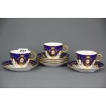 Three Royal Crown Derby gilt decorated teacups with six saucers, one cup A/F.