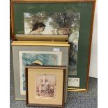 A pencil signed lithograph together with an oil painting and a group of watercolours, frame size