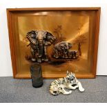 A large South African framed copper picture of elephants together with a glass vase and a Russian