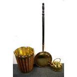 A brass bound and brass lined Dutch mixed wood ice bucket with a copper and brass warming pan and