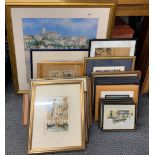 A group of framed watercolours and prints, largest 79 x 79cm.