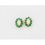 A pair of 9ct yellow gold opal and emerald set cluster earrings, L. 1cm.