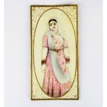 An early 20th Century Indian hand painted miniature of a young woman on ivory, 18.5cm x 9.3cm.