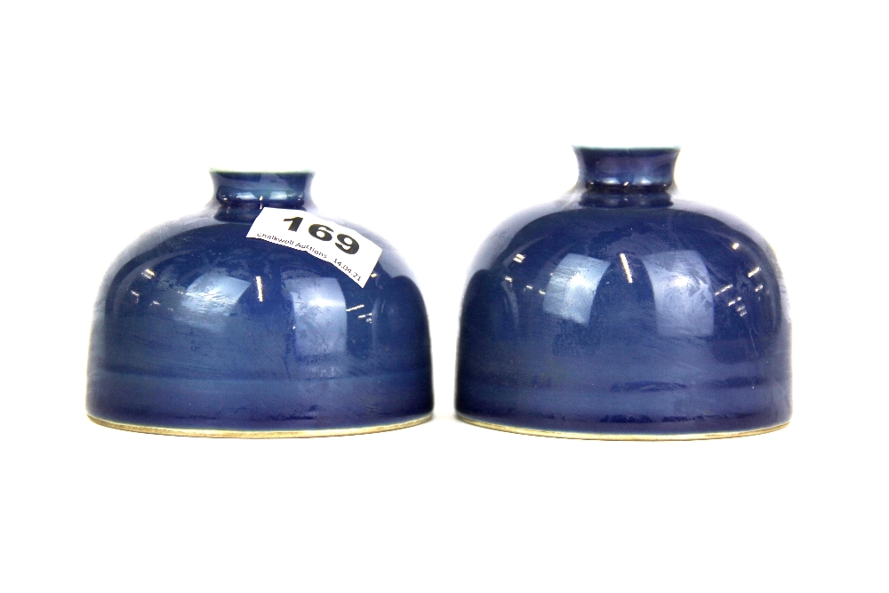 A pair of Chinese blue glazed porcelain vases/ calligraphy water pots, H. 7.5. Dia . 10.5cm.