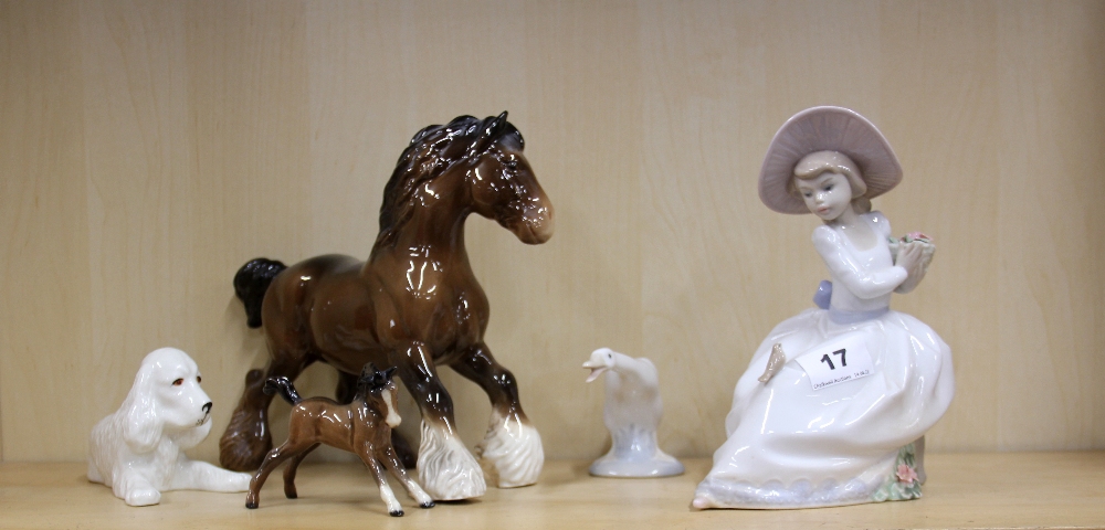 A group of five porcelain figures including Beswick, Lladro and Nao, tallest H. 21cm.