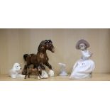 A group of five porcelain figures including Beswick, Lladro and Nao, tallest H. 21cm.