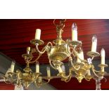 Three gilt brass six branch chandelier light fittings with three matching wall lights, chandelier W.