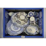 A box of mixed Victorian and other blue and white china including Coalport and Abbey ware.