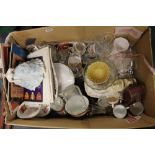 A box of mixed china and other items including a Royal Worcester figure.