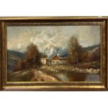 A gilt framed oil on canvas village scene, frame size 113 x 59cm.