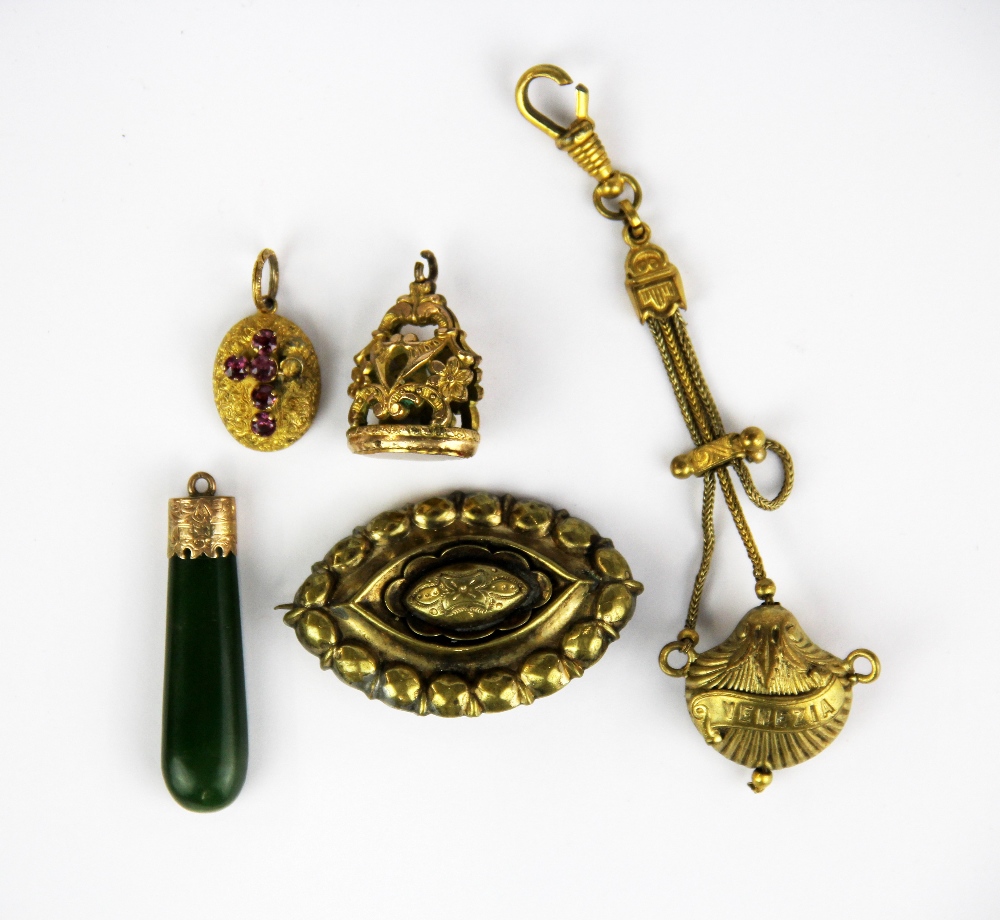 A small group of gilt metal antique jewellery items.