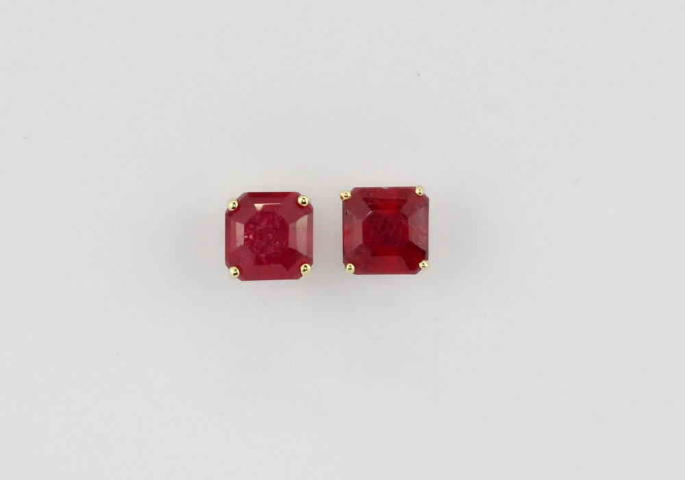 A pair of 9ct yellow gold Ascher cut ruby set earrings, L. 0.6cm.