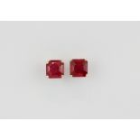 A pair of 9ct yellow gold Ascher cut ruby set earrings, L. 0.6cm.