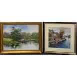 A gilt framed pallet knife oil on canvas landscape, frame size 90 x 70cm. together with a framed