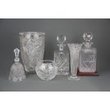 Two cut crystal decanters and three other items.