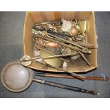 A box of mixed copper and brassware.