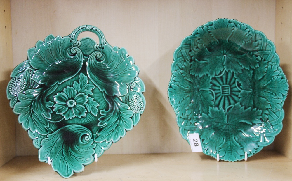 A Wedgwood majolica leaf plate with a further leaf plate, largest dia. 28cm.