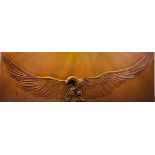 An usual 1970's 3D oil on board of a bird in flight, frame size 142 x 46cm. Label verso reads '