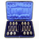 A lovely cased set of 12 hallmarked silver teaspoons and sugar tongs.