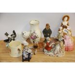 Two Royal Doulton figurines with a Hummel bird and other items.