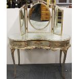 A vintage silvered kidney shaped dressing table with a freestanding mirror, W. 112cm.