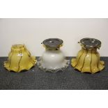 Three large 1970's glass lamp shades with two ceiling fittings, Dia. 31cm. D. 20cm.