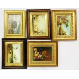 Five framed oil on board paintings, largest frame 28 x 23cm.
