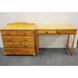 A pine five drawer chest, 84 x 45 x 74cm. together with a two drawer pine desk/dressing table.