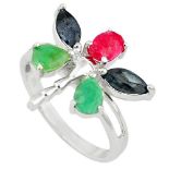 A 925 silver dragonfly shaped ring set with ruby, emeralds and sapphires, (R).