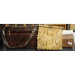 A vintage snake skin handbag with a cocrodile skin travelling case and a small Indian wooden box.