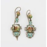 A boxed pair of Grand Tour white metal drop earrings set with micro mosaic decoration depicting