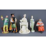 Five Royal Doulton porcelain figures including "Punch and Judy man" (HN765), "Cavalier" (HN2716), "