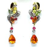 A pair of 925 silver drop earrings set with pear cut citrines, marquise cut fancy sapphires and