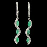 A pair of 925 silver drop earrings set with marquise cut emeralds and white stones, L. 4.3cm.