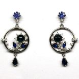 A pair of 925 silver earrings set with sapphires, tanzanites and white stones, L. 3.5cm.